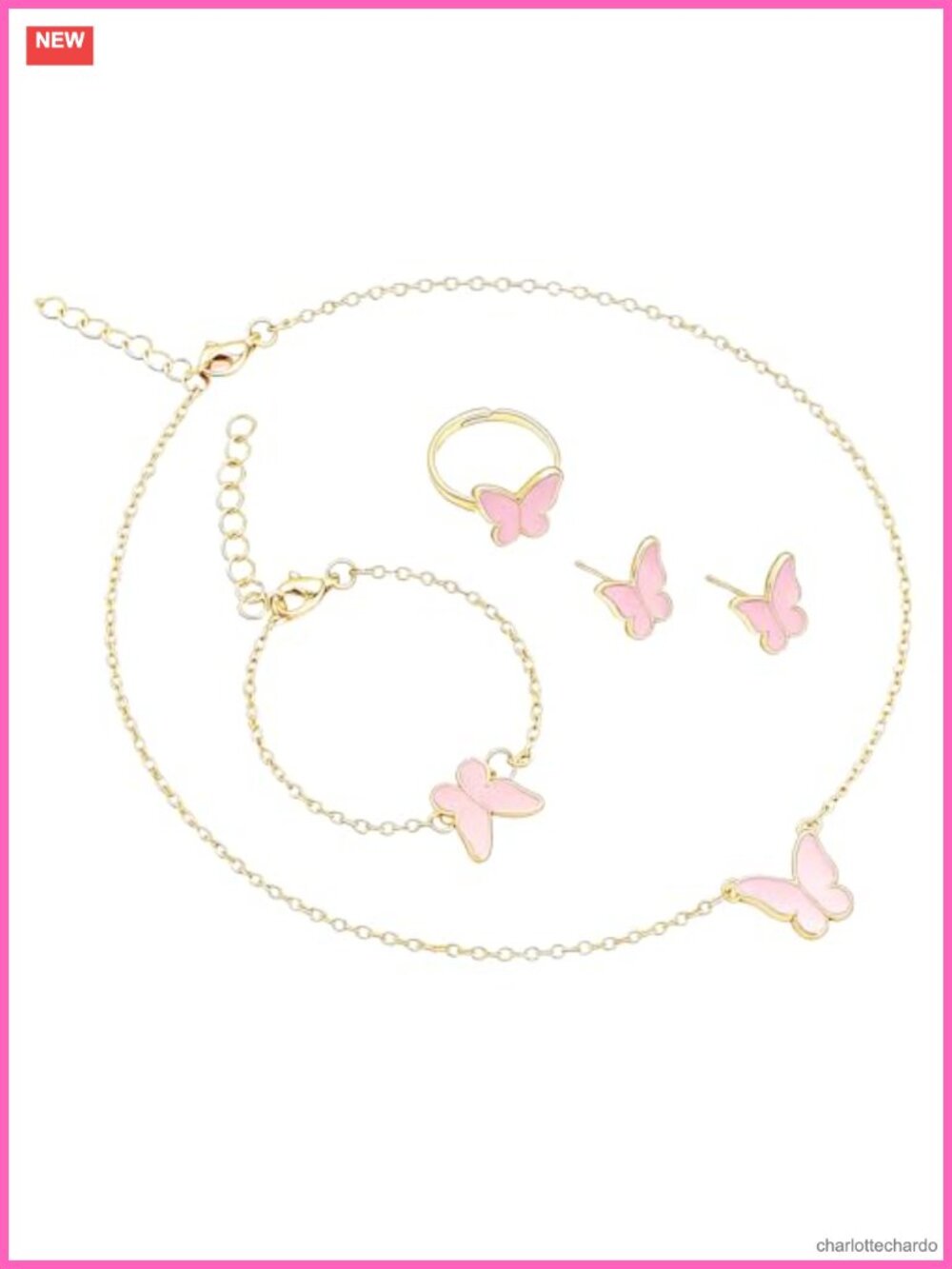 Gold Plated Butterfly Jewelry Set Necklace Earrings Bracelet Ring